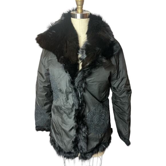 Vtg Gi & Jo Black Down Fill Fur Trim Lightweight Embroidered Jacket Women's S - Picture 1 of 8